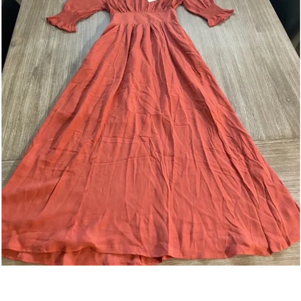 MELLODAY Coral Orange V neck Retro Feminine Maxi Dress short puff sleeves Size S - Picture 3 of 4